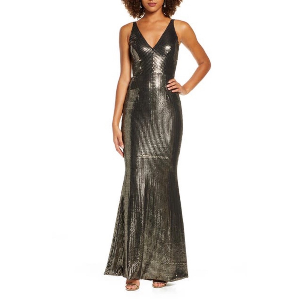 ✨NWT✨ DRESS THE POPULATION Harper Plunging Sequin Mermaid Gown Black gold Sz M